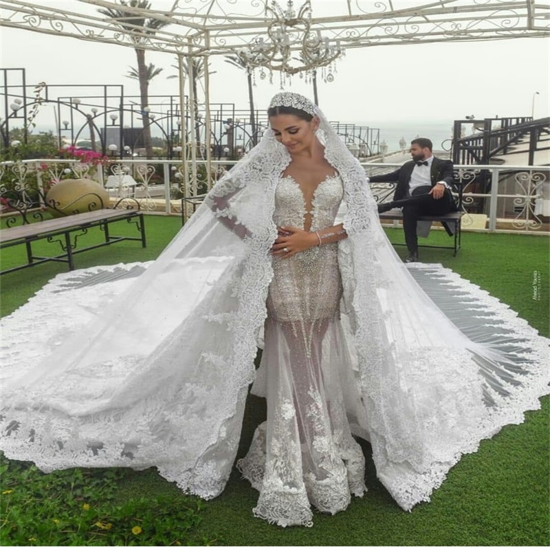 Luxury Mermaid Wedding Dresses Arabic Dubai Beads Appliqued Lace Chapel Bridal Gown With Detachable Train Long Sleeves Vestidos De Novia