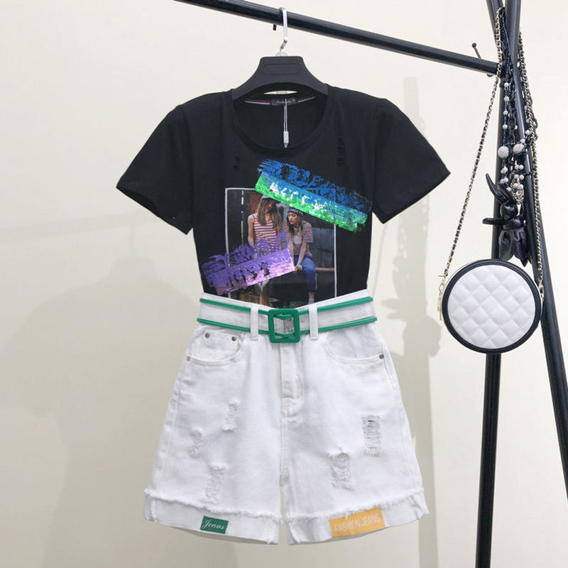2020 Summer Cotton Womens Tracksuit Clothes Set 2 Piece Sequin Harajuku Letter Tops White Jeans Shorts Pants Outfit Suit 3XL T200603