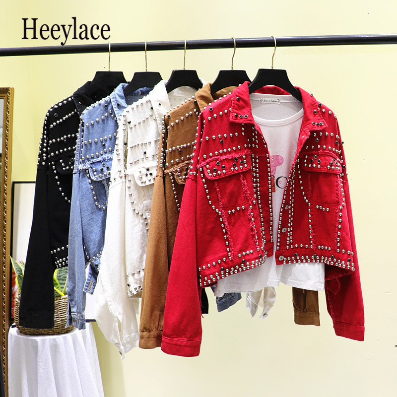 Spring Autumn Women's Harajuku Red Denim Jacket Coat Hand Beaded Rivet Short Black Jean Jackets Students Basic Coats Outfit 201106