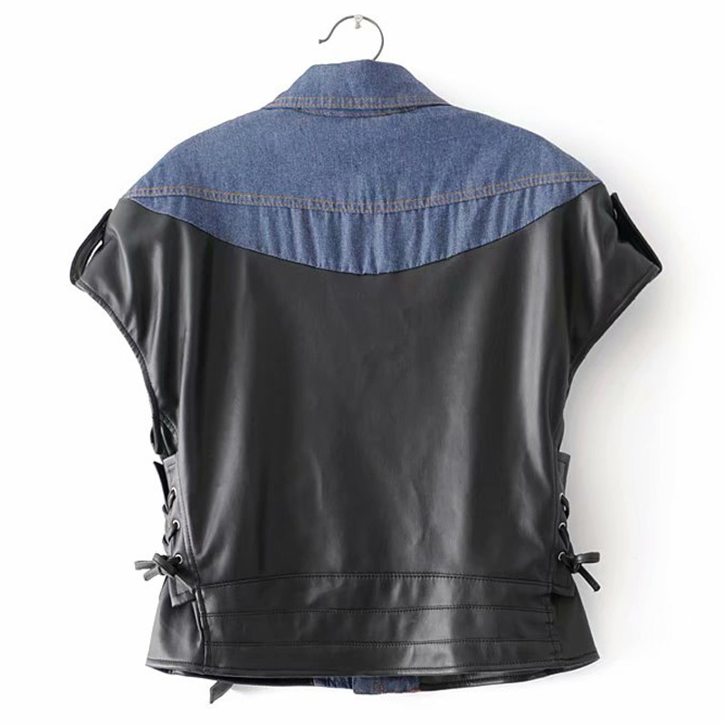 Denim stitching autumn temperament wild lapel leather sleeveless slimming zipper female jacket top 201029