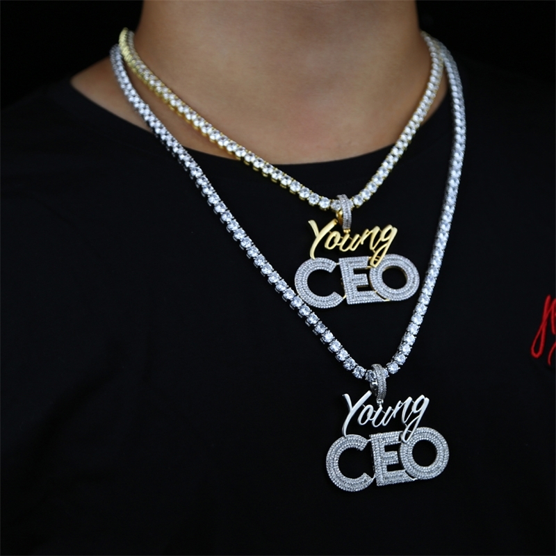 High quality Hip hop bling men jewelry 5A cubic zirconia iced out bling baguette cz Young CEO pendant necklace rope tennis chain 201014