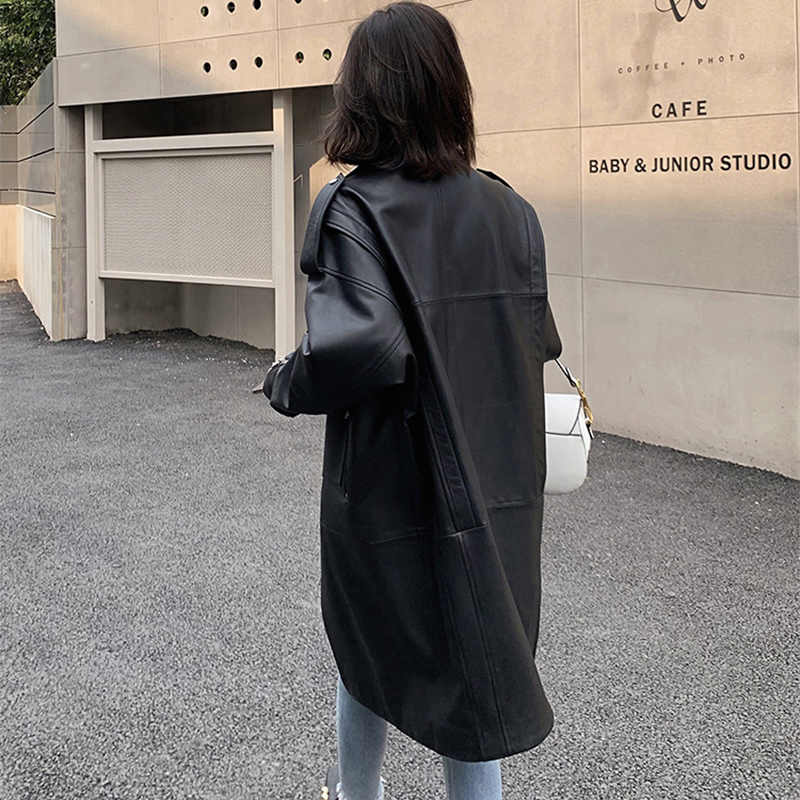 Nerazzurri Oversized black long spring womens leather jacket long sleeve drop shoulder zipper Plus size loose faux leather coat 201020
