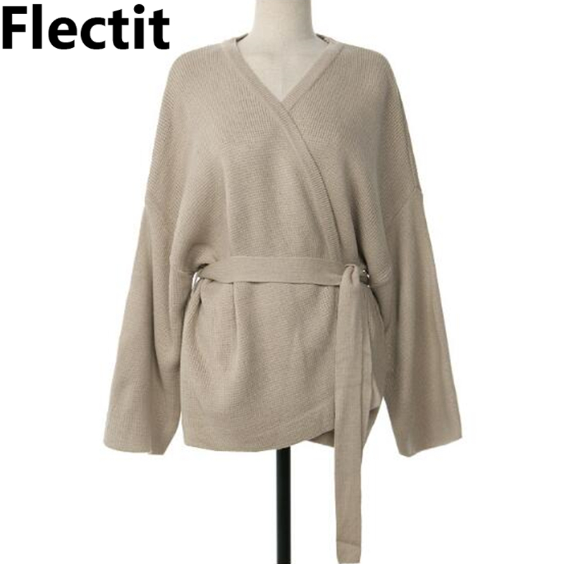 Flectit Women Cardigan With Tie Belt Wide Sleeve Open Front Cozy Knit Cardigan Ladies Knitwear Autumn Winter Cardigans Sweater * 201111wtt