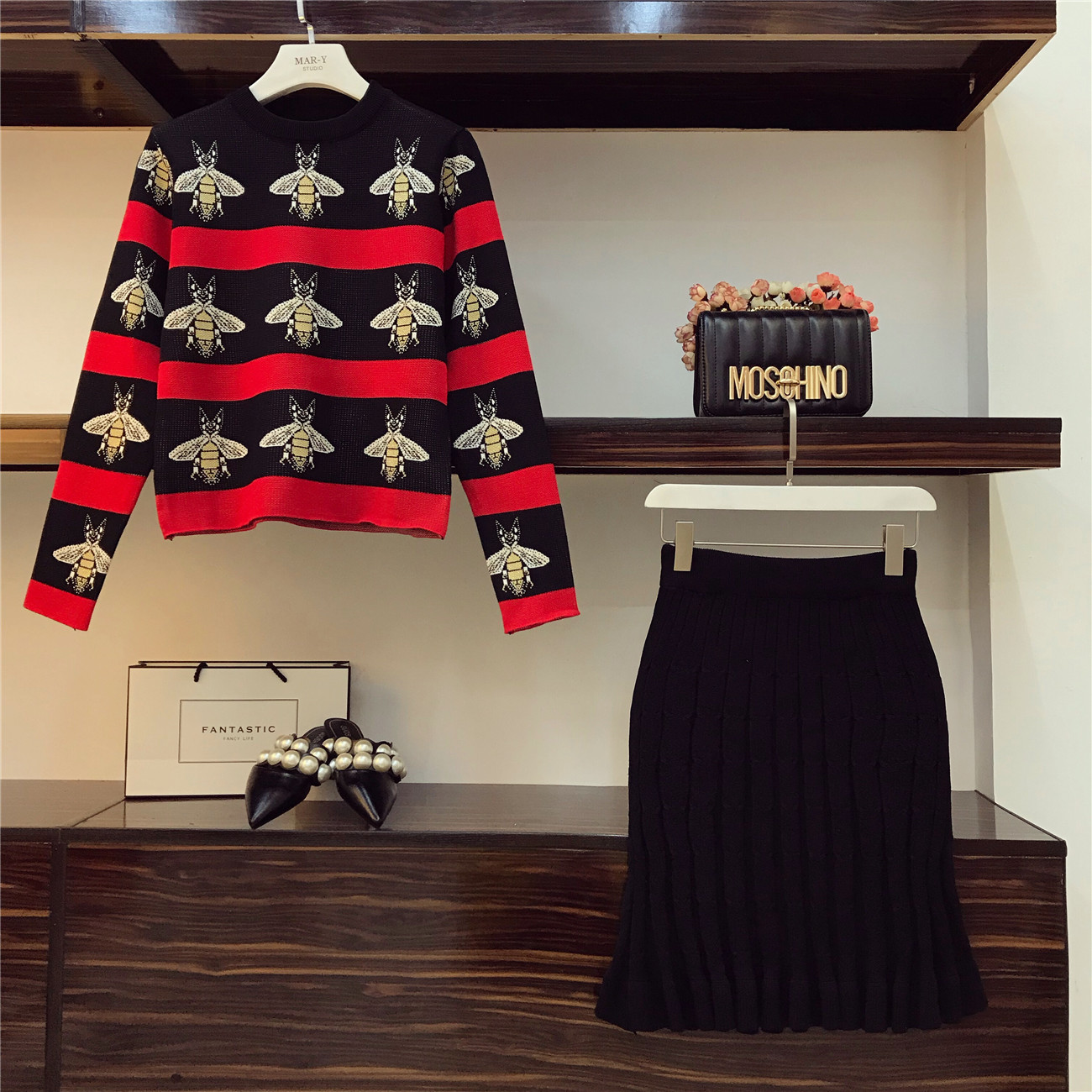 ALPHALMODA 2018 Bees Hit Striped Colored Women Knitted Sweater Skirt Suits OL Autumn Winter Vintage Fashion Clothing Sets