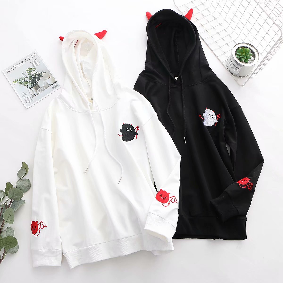 Harajuku Hoodies Girl Little Devil Horns Gothic Hooded Sweatshirts Women Autumn Loose Lolita Pullovers Tops Black White 200930