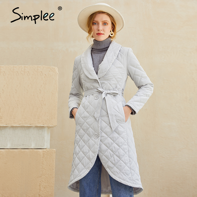 Simplee Chic diamond pattern waist band women down jack V-neck forward-backward asymmetric long coat Warm winter coat new 201029