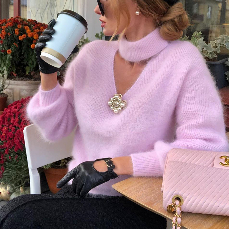 MEIYANGYOUNG Turtleneck Cashmere Sweater Women Deep V Pink Women's Knitted Jacket Winter Casual Soft Fluffy Pullovers Jumpers 201222