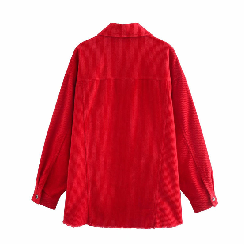Evfer Stylish Ladies Za Red Corduroy Long Jackets Oversize Women Fashion Long Sleeve Loose Outwear Coats Girls Shirt Jacket Chic 201026