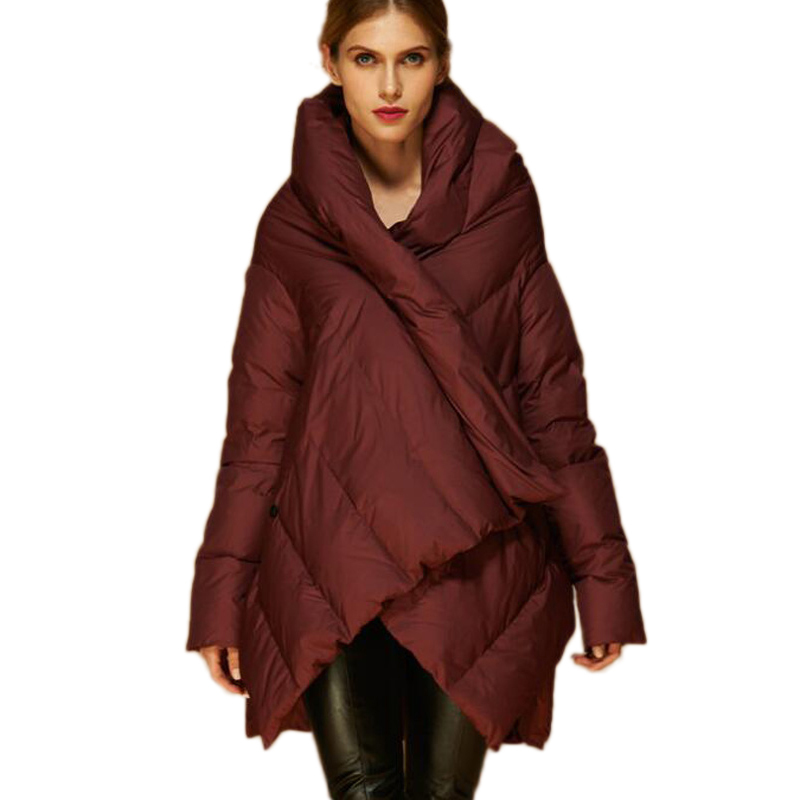 New Fashion Women's Down Jacket Cloaks European Asymmetric Length Winter Coat Female Parkas plus size outwear 201125