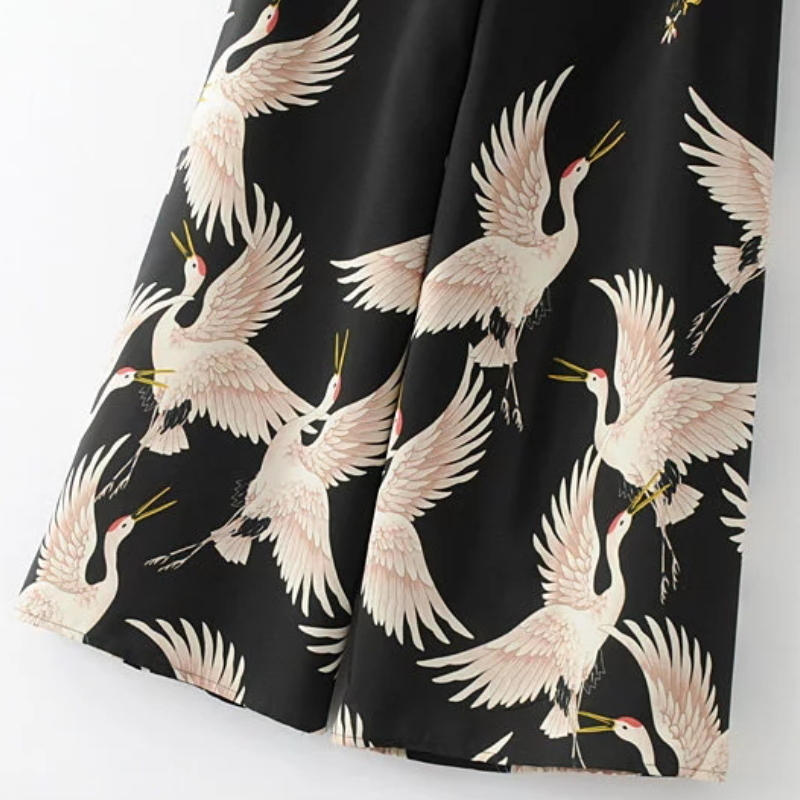 Vintage Women Red Crowned Crane Printing Wide Leg Pant Loose Comfortable Trousers P152 201113