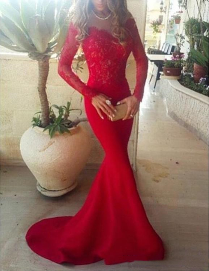 Sexy Red Trumpet Prom Dresses For Women Top Appliqued Lace Long Sleeves Sweep Train Mermaid Formal Party Evening Gowns Vestidos de festa