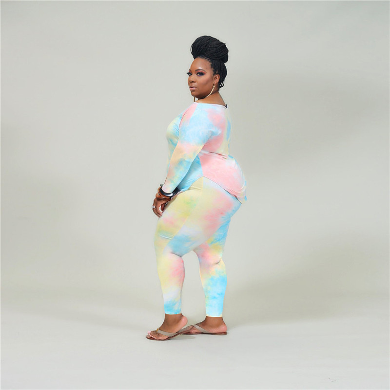 Plus size 3X 4X women bigger size tie dye two piece set fall winter tracksuits pullover sweatshirt+pants casual sportswear sweatsuits 4057
