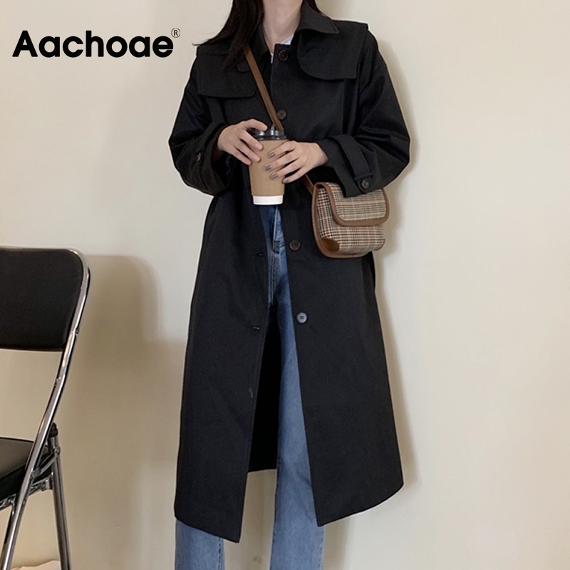 Aachoae Casual Trench Coat Long Windbreaker Women Korean Single Breasted Coat With Belt Solid Long Sleeve Pockets Outerwear 201111