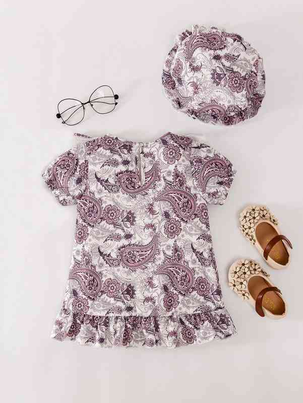 Baby Paisley Print Ruffle Trim Puff Sleeve Smock Dress & Hat SHE