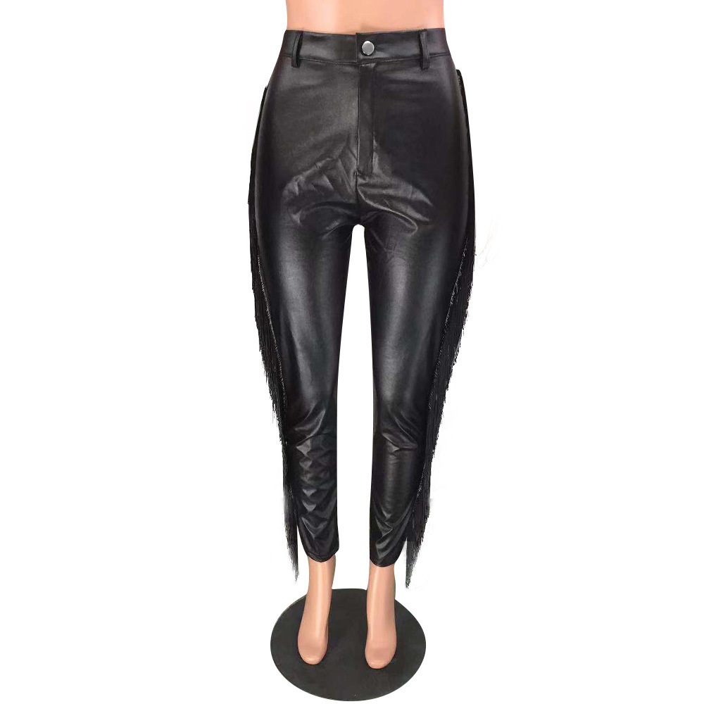 Casual Black Pants Women Slim Tassels High Elastic PU Leather Pencil Pants Autumn and Winter Sexy Trousers Club Wear Streetwear 201109