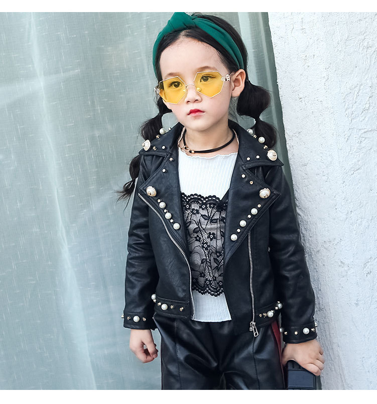 Spring and Autumn Children's Clothing Girls Pearl Leather PU Leather Children's British Shirt Zip-up Jacket 201125