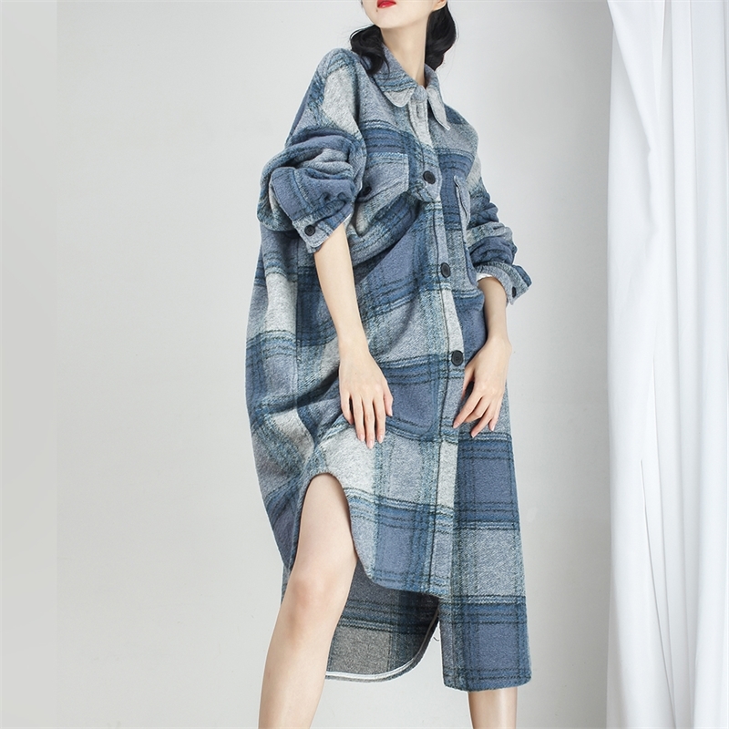 Autumn Winter Female Warm Woolen Fashion Elegant Women Lady Wide Waist Blue Plus Size Oversize Long Sleeves Wool Coat For Women 201102