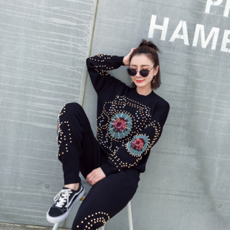 Beaded Cross- 2-Piece Sweater & Pants Casual Suit Set For Women In Various Colors