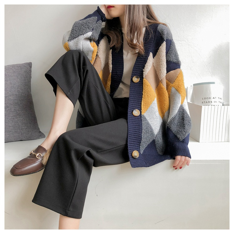 Women's Sweaters Autumn Winter fashionable Casual Plaid V-Neck Cardigans Single Breasted Puff Sleeve Loose SW658 201222