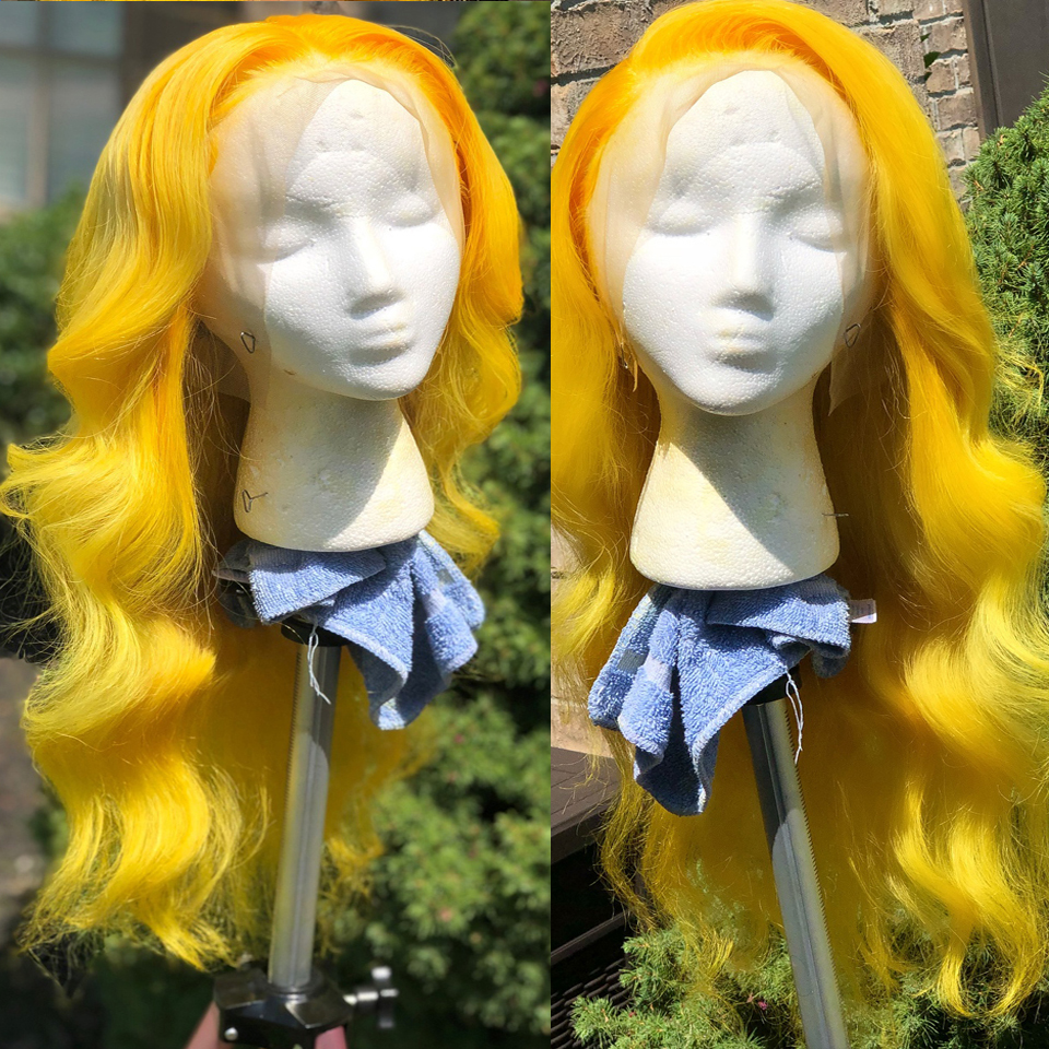 Free Part Yellow color Long wavy Wigs for White Women new natural soft Synthetic Lace Front Wigs Cosplay Party