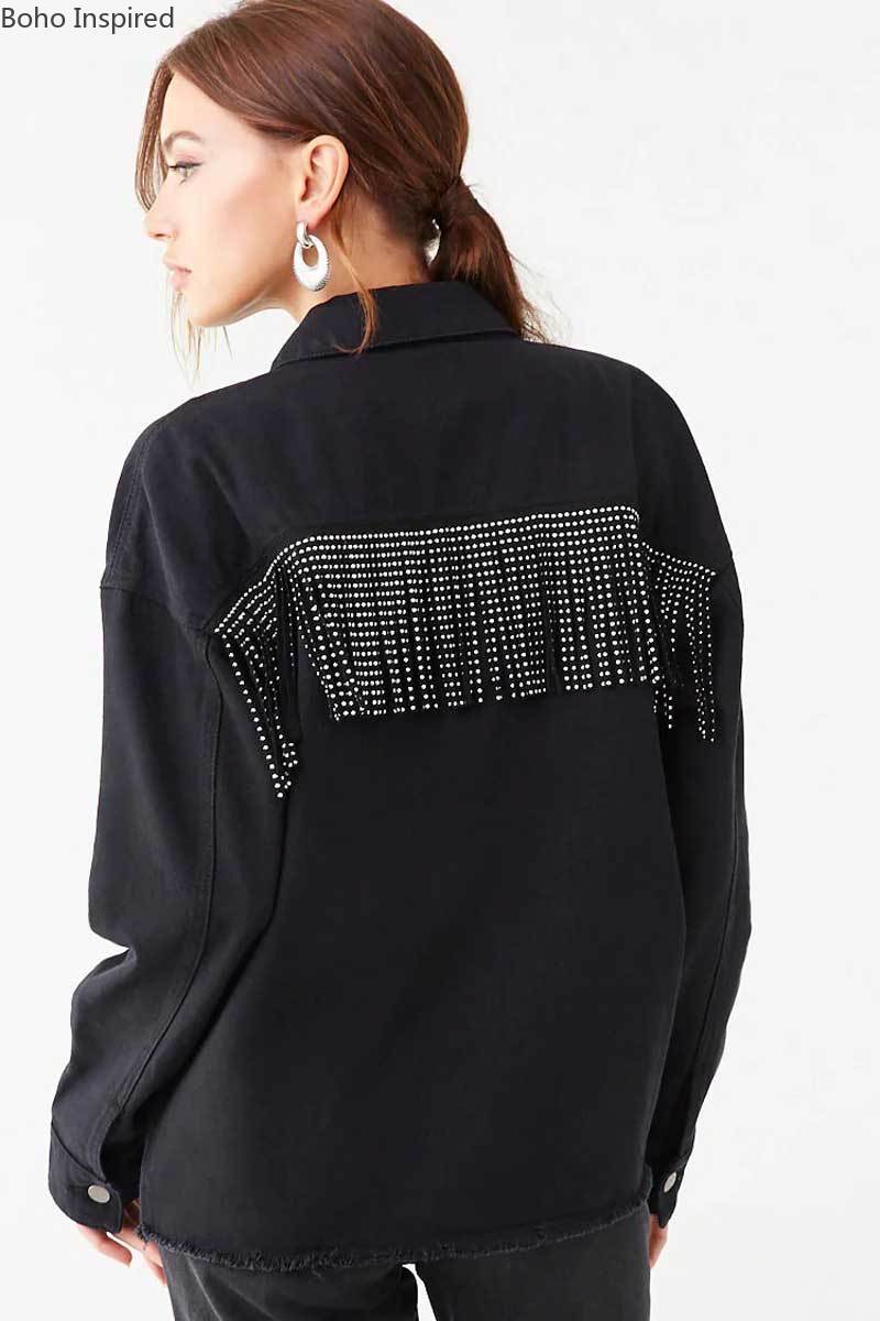 Boho Inspired Black Fringe Trim Denim Jacket for women long sleeves button cuffs fashon jacket coat women winter outwear
