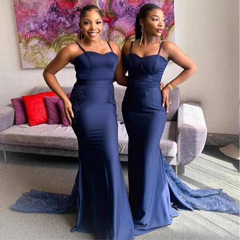 Navy Blue Applique Lace Bridesmaid Dresses African Mermaid Sweep Train Vestidos 2022 Spaghetti Strap Long Wedding Party Dress