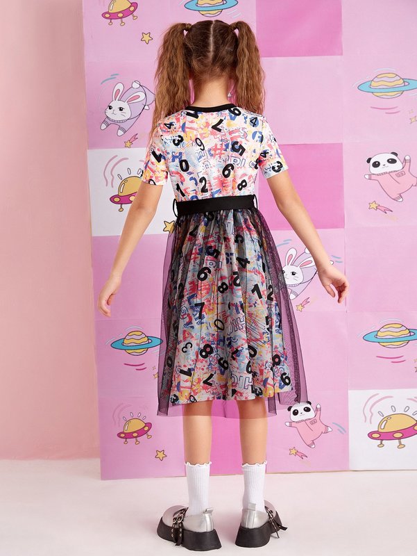 Girls Number Print Contrast Mesh Dress SHE
