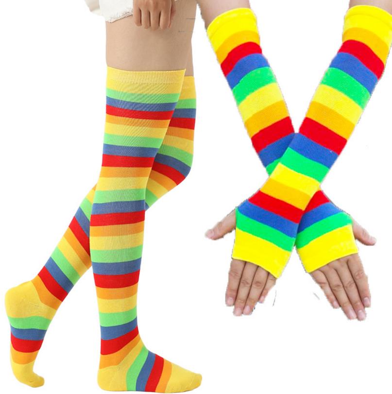 Rainbow Costume Set Stripe Knee High Socks Arm Warmer Fingerless Gloves Set for Teen adults Halloween Cosplay Xmas Dress-up Stage Wear