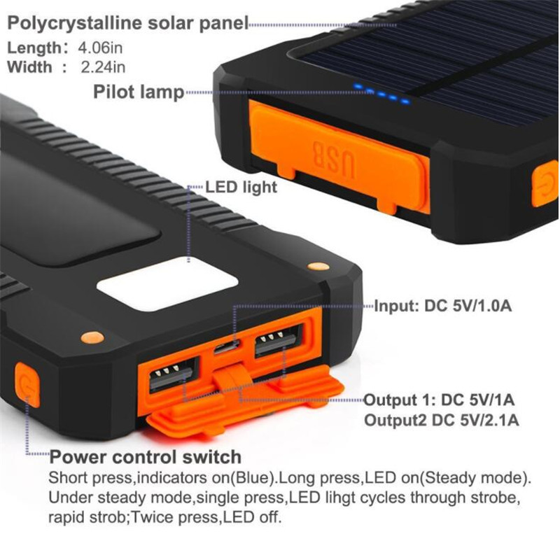 Solar Power Bank Charger 20000mah with Led Light Battery Portable outdoor Charge Double head USB Charging cell phone Powerbank6057