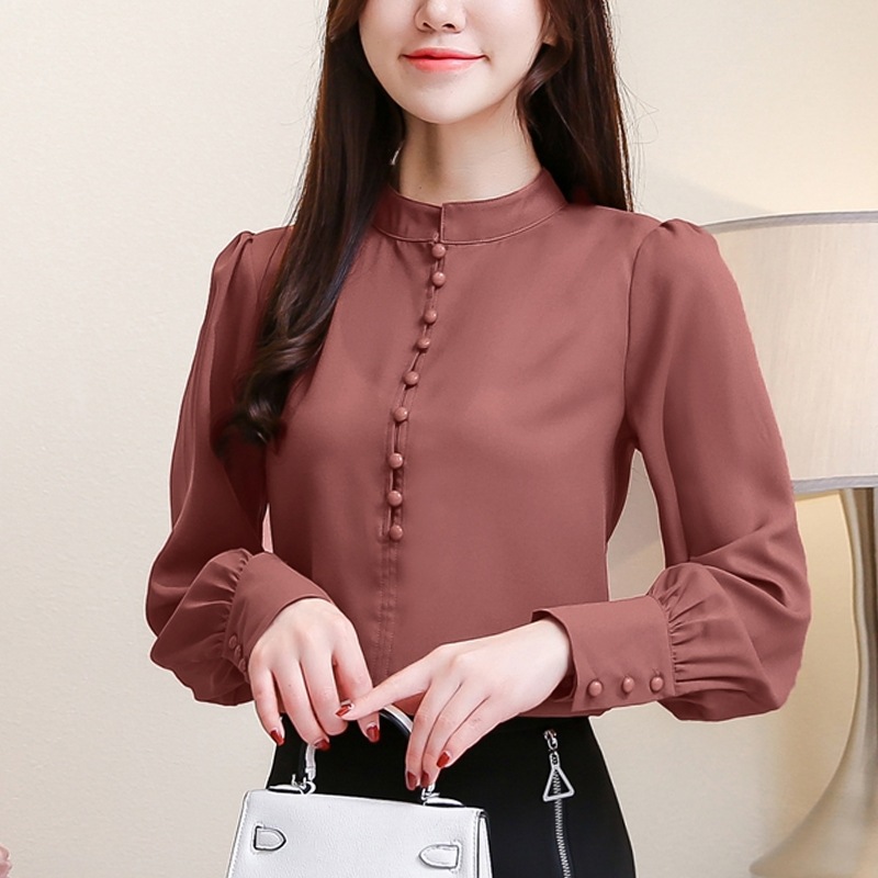 Korean fashion clothing longsleeve tops office stand solid lantern Sleeve Button blusas chiffon blouse plus size 5412 50 201125