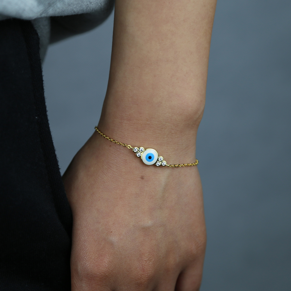 Promotion Gold Color Fashion Women Jewelry White Blue Enamel Evil Eye Charm Lucky Girl Women Jewelry Bracelet