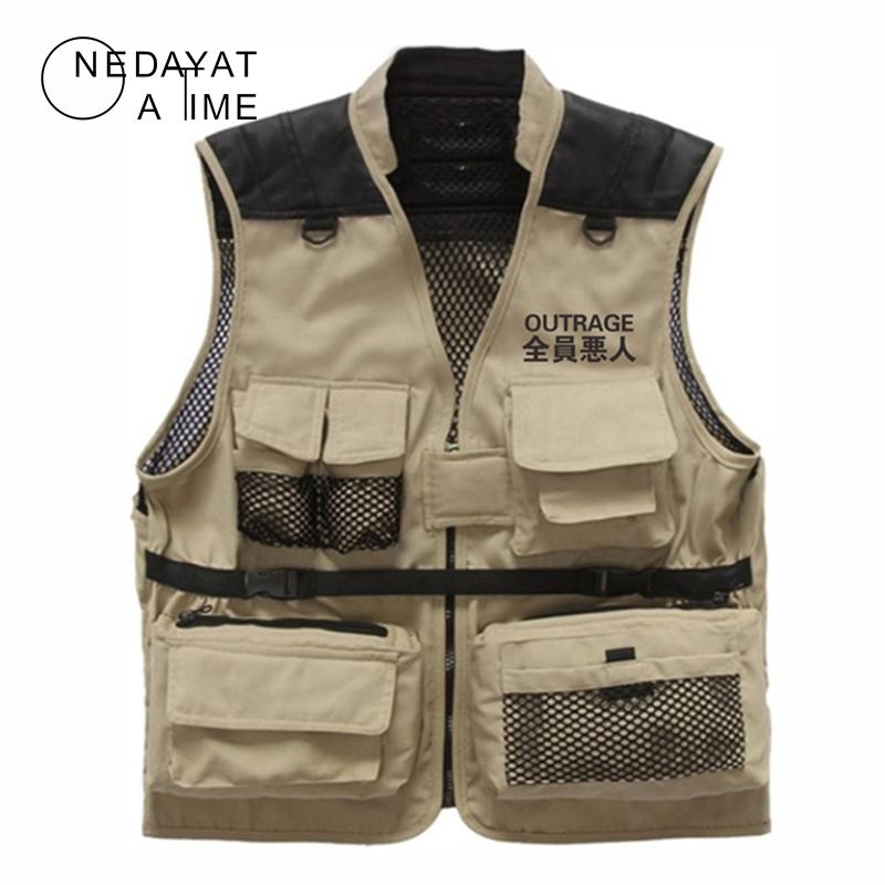 Men's Vests Men Coat Sleeveless Jacket Casual Chinese Character Vest High Street Pockets Cargo Waistcoat Zipper Jacket1