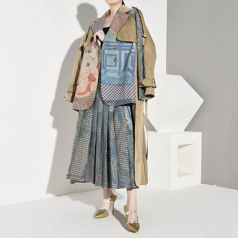 [EAM] Women Asymmetrical Big Size Print Trench New Lapel Long Sleeve Loose Fit Windbreaker Fashion Spring Autumn 1B7390 201211