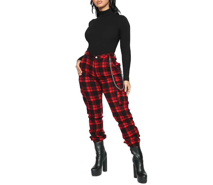 Vintage Plaid Printed Pants Women High Waist Cargo Pants Ladies Casual Pockets Trousers Female Autumn Winter Xmas Pants D30 201228
