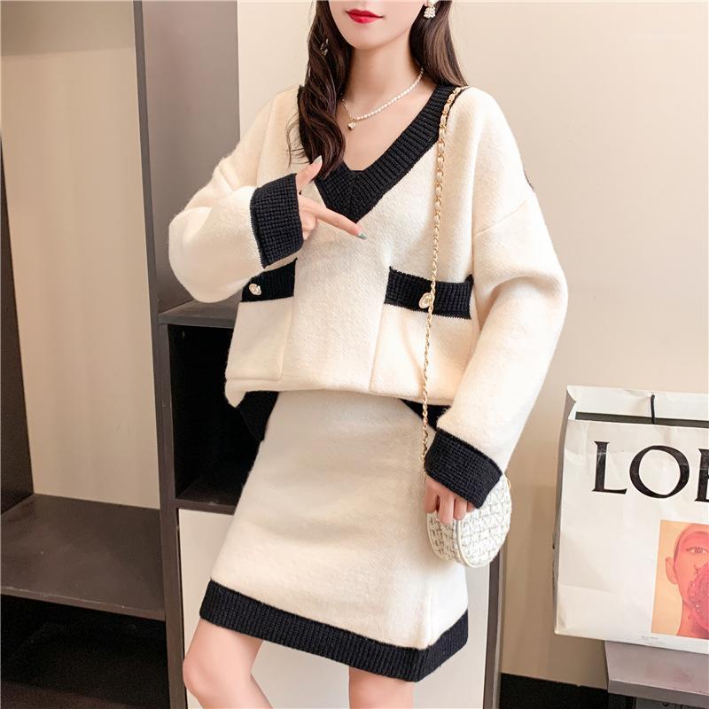 French Two-piece Women Clothing 2020 New Elegant Small Fragrance V-neck Casual Splicing Sweater Slimming Mix Colours Skirt Set1, Beige 
French Two-piece Women Clothing 2020 New Elegant Small Fragrance V-neck Casual Splicing Sweater Slimming Mix Colours Skirt Set1, Beige