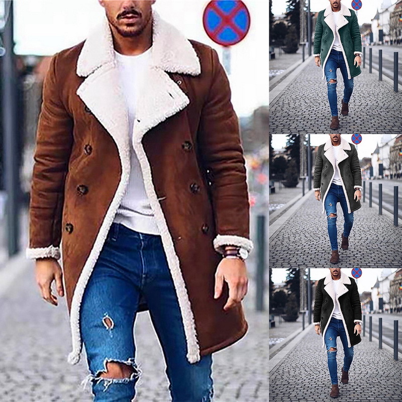 Fashion Men Fur Fleece Blends Brown Color Trench Coat Overcoat Lapel Warm Fluffy Jacket Outerwear Male Boy Warm Jacket 201222
