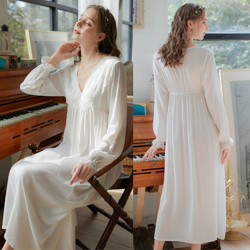 Elegant Women's Longsleeved Nightdress Retro Princess Sexy Lace Vneck Cotton Long Dress Loose Blue Pink White Home Night Dress T200429