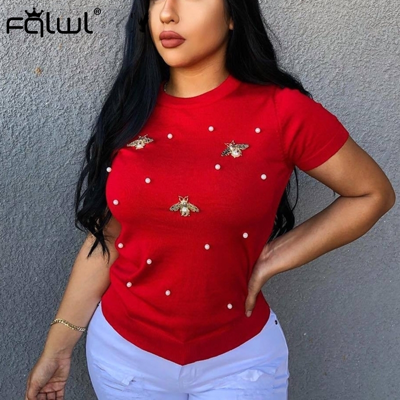 FQLWL Plus Size Women Short Sleeve Pearl Beading Tshirt Ladies Tee Tops Summer Solid Weekend Casual Fit Round Neck Basic T Shirt T200516