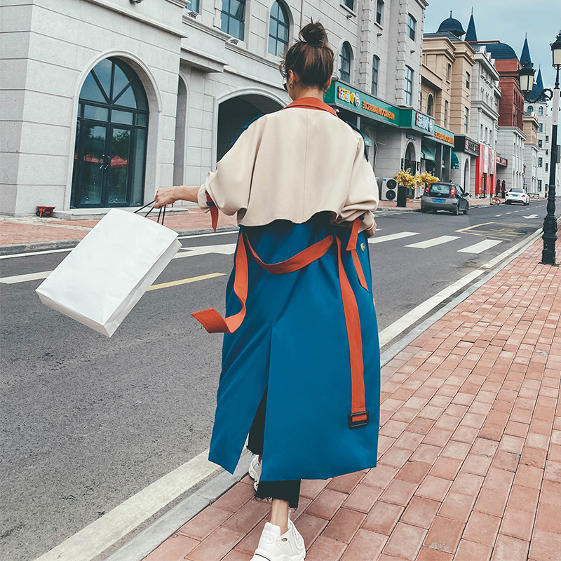 DEAT New Autumn Fashion Womens Trench Coat England Style Hit Color Patchwork Full Sleeve Lapel Collar With Belt TX156 201111