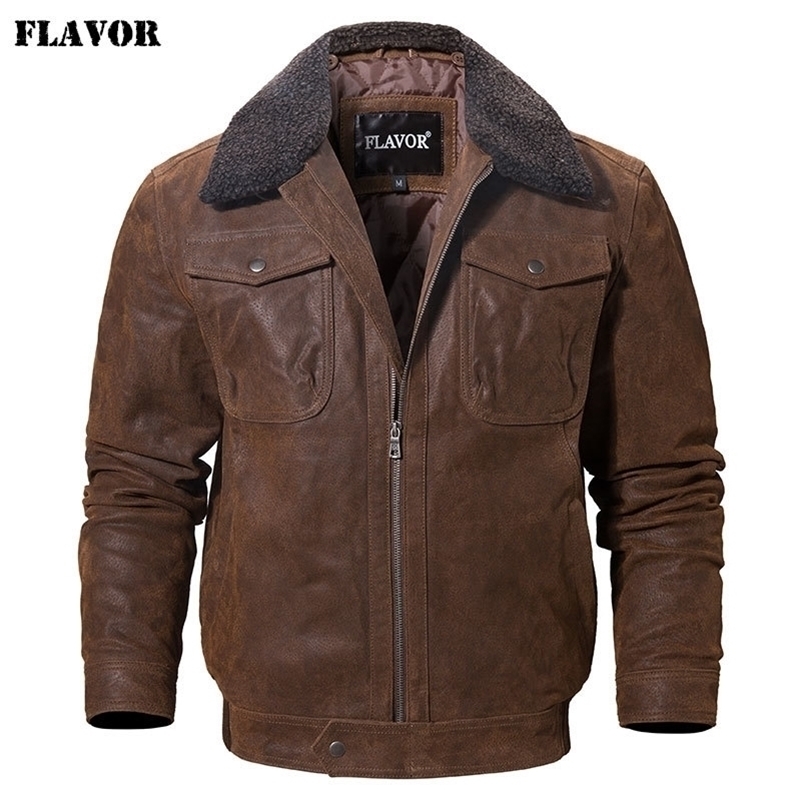 FLAVOR Men's Real Leather Jacket Genuine jacket with faux fur collar male Motorcycle warm coat 201114