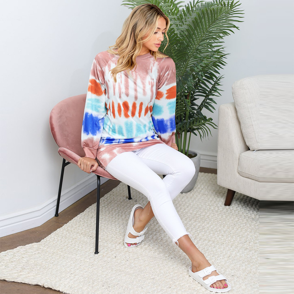 2021 autumn and winter tie-dye printed sweater European and American style contrast long-sleeved round neck T-shirt