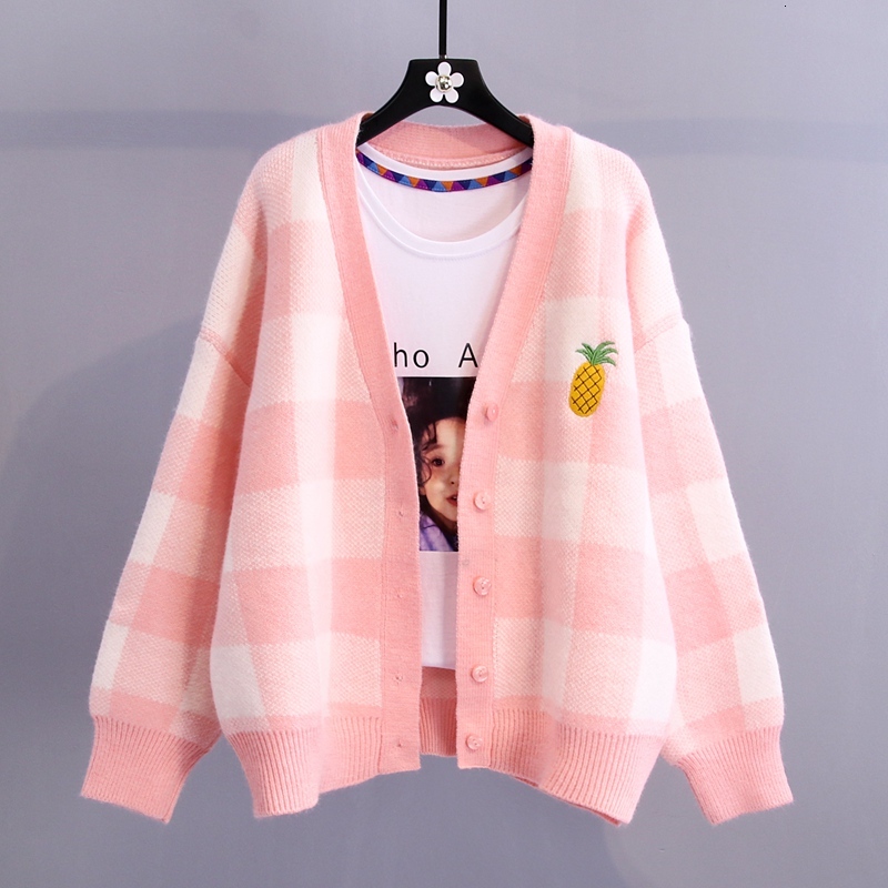 2021 New Autumn and winter new Korean women's single row chess cardigan sweater h00232, Pink 
2021 New Autumn and winter new Korean women's single row chess cardigan sweater h00232, Pink