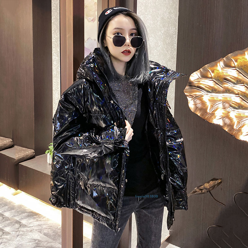 VOOCIEC New Fashion Hooded Glossy Winter Down Cotton Padded Jacket For Women Thick Bright Black Shiny Jacket black Parkas 201019