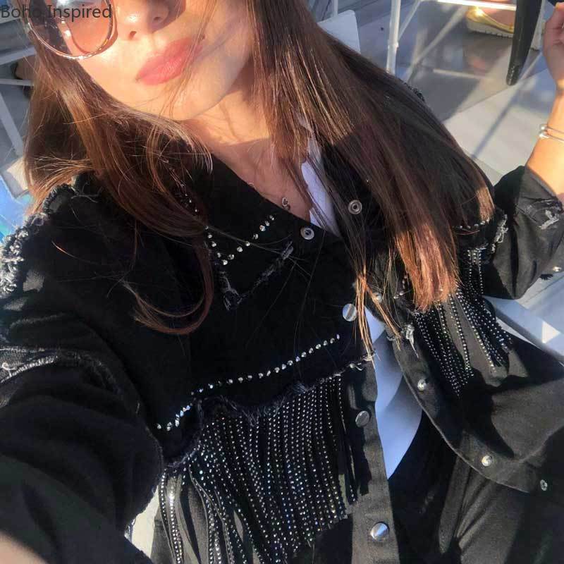 Boho Inspired Black Fringe Trim Denim Jacket for women long sleeves button cuffs fashon jacket coat women winter outwear