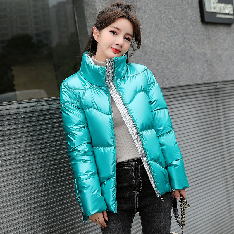 New Short Glossy Parka Winter Jacket Women Fashion Stand Collar Parka Coat Female Office Lady 201019