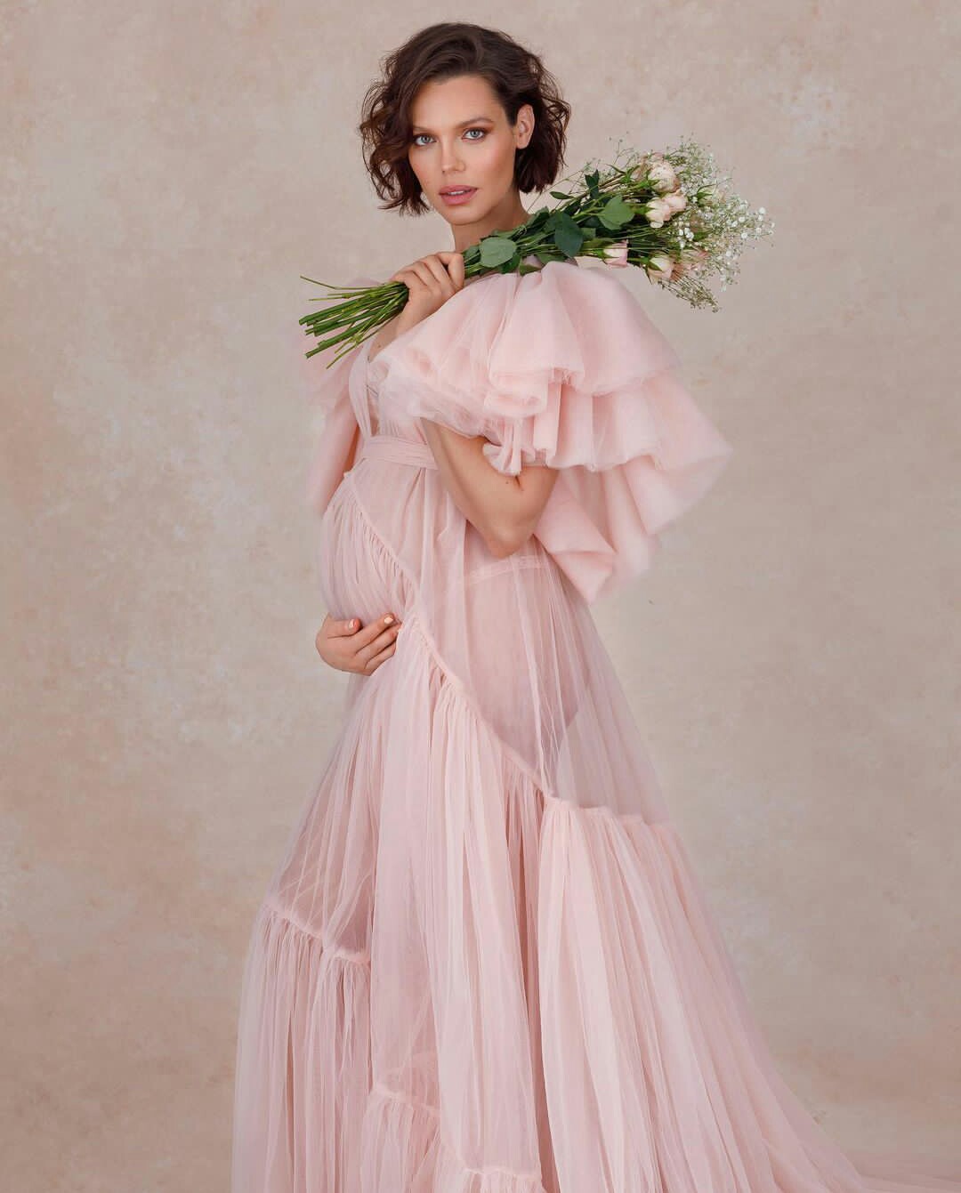 Blush Pink Chic Photo Shooting Dress Ruffles Pregnant Women Party Sleepwear For Maternity Shower Nightrobes Custom Made