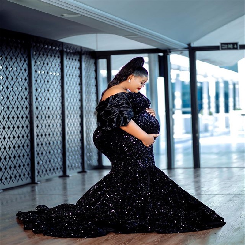 Real Image Plus Size Mermaid Evening Dresses Glitter Sequins V-neck Prom Dresses Short Sleeves Sweep Train Formal Party Gown Custom Made