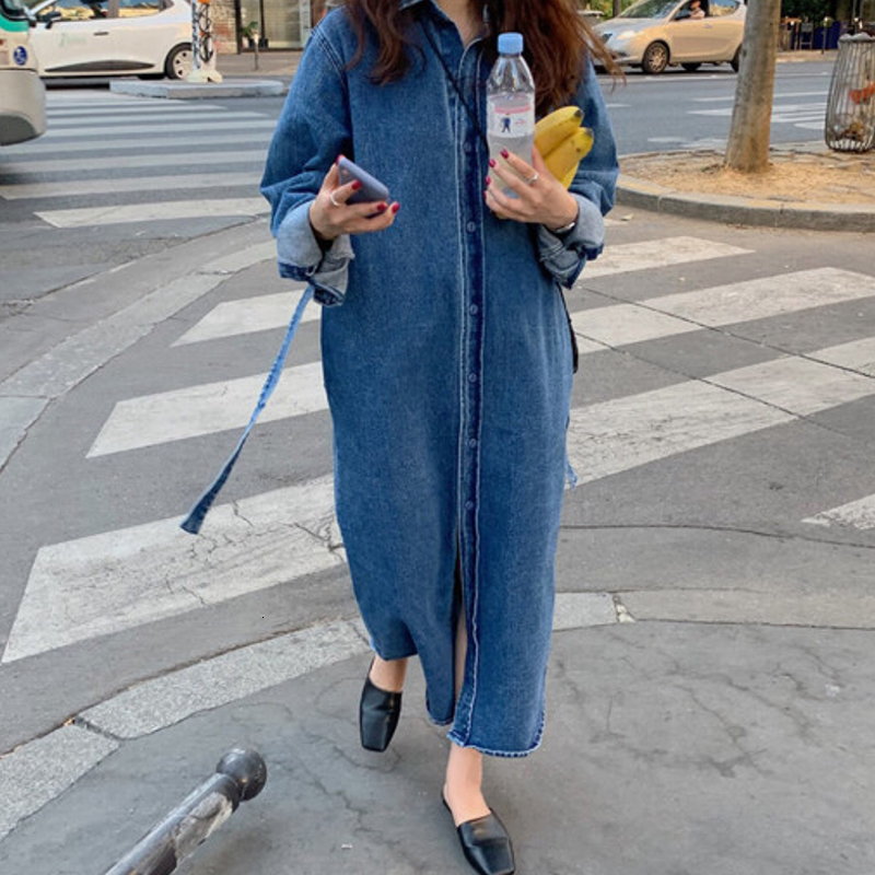 SHENGPALAE 2020 New Fashion Autumn Long Fund Lapel Single Breasted With Belt Demin Trench Coat Women Loose Windbreaker FV257 T200805