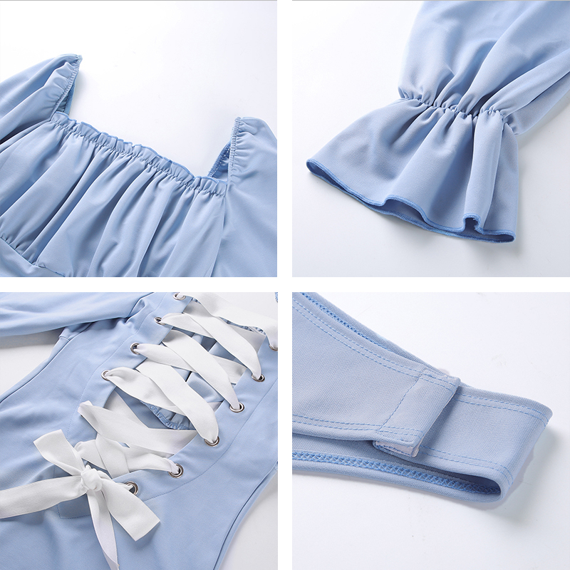 Rapwriter Sexy Backless Panelled Lace Up Square Collar Lolita Style Bodysuits Women Long Flare Sleeve Open Crotch Bodysuit Y200930