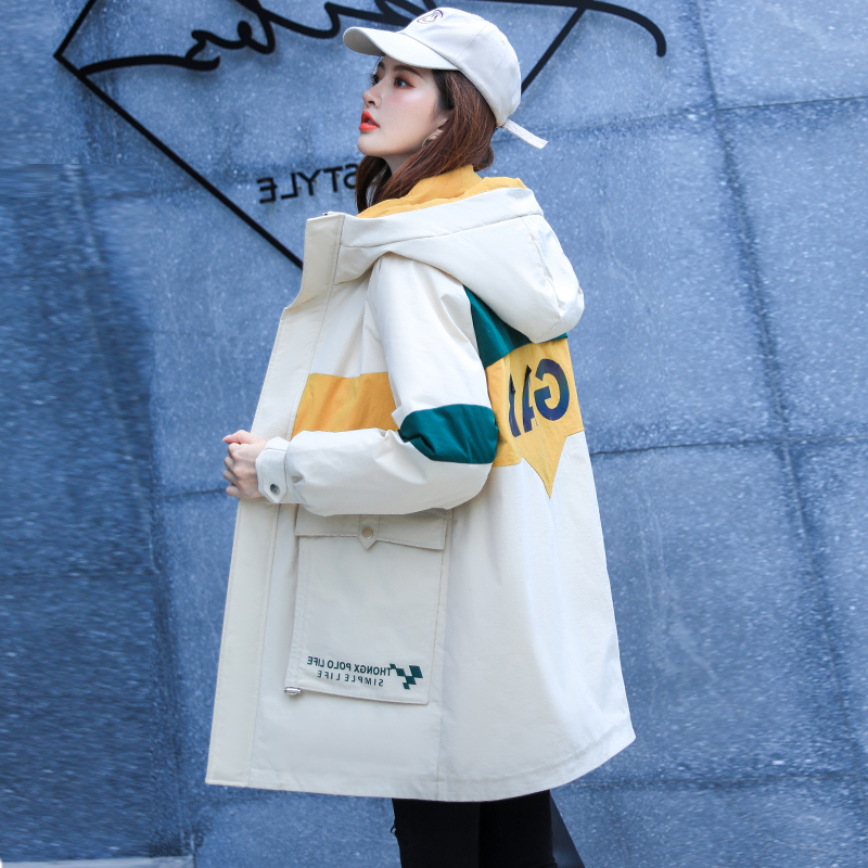 Korean Style Women's Jackets Patchwork Long Parkas Female Winter Hooded Letter Print Thick Oversized Stand Collar Outwear 201019